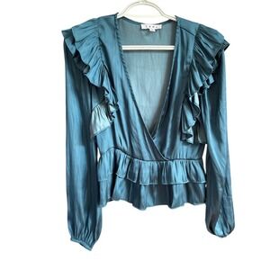 Anthropologie THML Green Ruffled V-Neck Long‎ Sleeve Blouse S